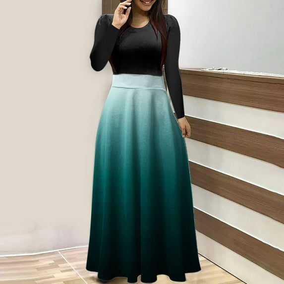 Fall Dresses for Women 2024 Round-Neck Print Colorful Long Printing Dresses Green L