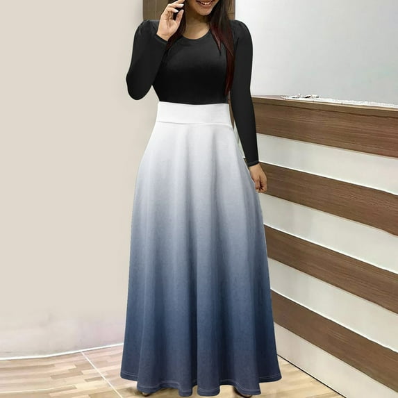 Fall Dresses for Women 2024 Round-neck Printed Pullover Patchwork Dress Navy L