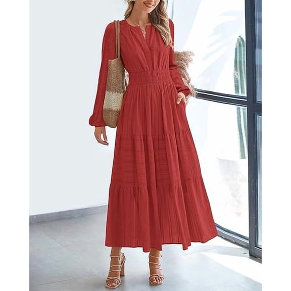 Fall Dresses for Women 2025 Casual Long Sleeve V Neck Elastic Waist Lightweight Maxi Wedding Guest Dress Pockets