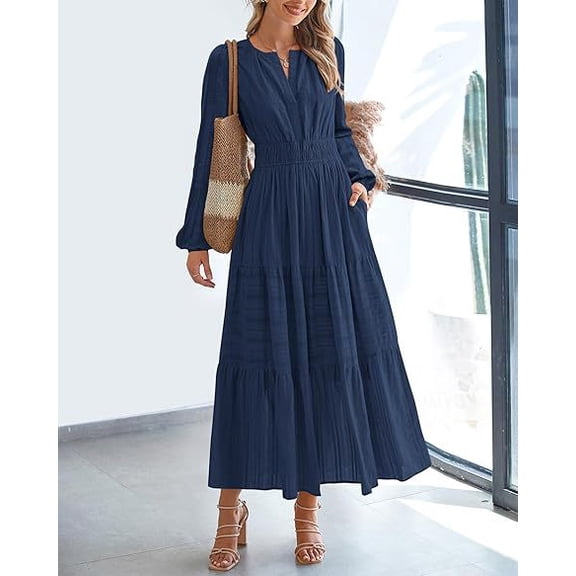 Fall Dresses for Women 2025 Casual Long Sleeve V Neck Elastic Waist Lightweight Maxi Wedding Guest Dress Pockets