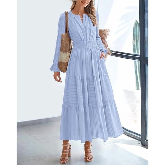 Fall Dresses for Women 2025 Casual Long Sleeve V Neck Elastic Waist Lightweight Maxi Wedding Guest Dress Pockets