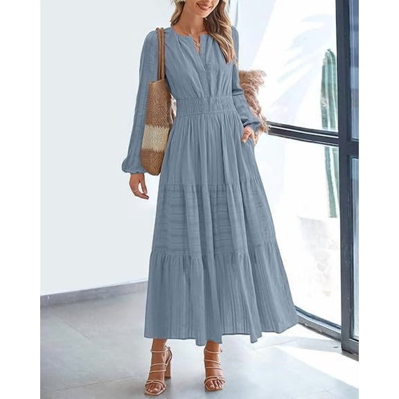 Fall Dresses for Women 2025 Casual Long Sleeve V Neck Elastic Waist Lightweight Maxi Wedding Guest Dress Pockets
