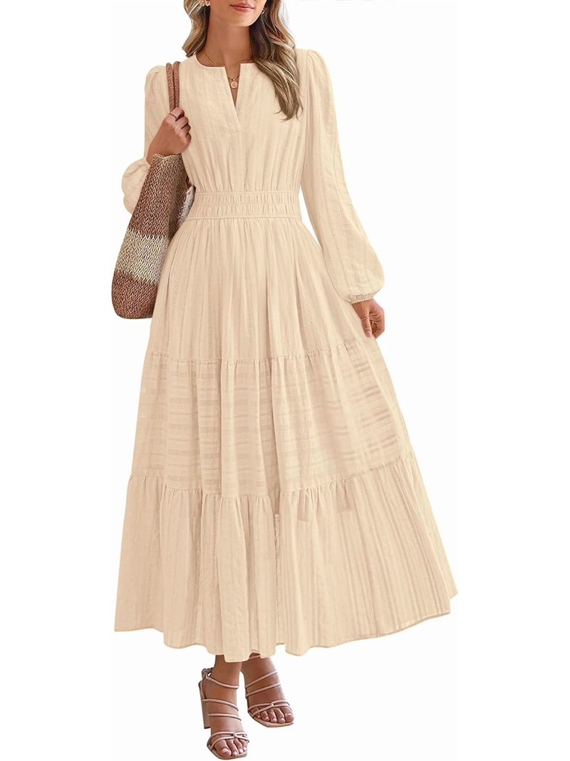 formal wedding guest dresses fall 2025 for Women Casual Long Sleeve V Neck Elastic Waist Lightweight Maxi Dress Pockets Waist Knot Detail