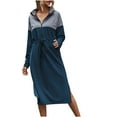 thumbnail image 1 of Fall Dresses for Women Color Block Long Sleeve Zipper Stand Collar Midi Dress Tie Waist Side Slit Casual Dress, 1 of 7