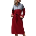 thumbnail image 1 of Fall Dresses for Women Color Block Long Sleeve Zipper Stand Collar Midi Dress Tie Waist Side Slit Casual Dress, 1 of 7