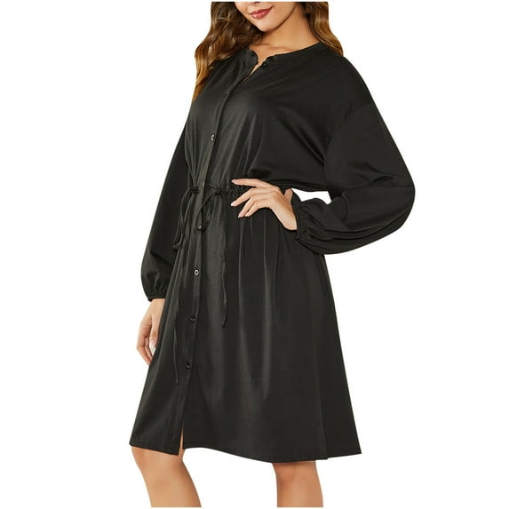 Fall Dresses for Women Long Sleeve Button Down Soild Color Knee Length Dress Tie Waist Casual Loose Midi Dress