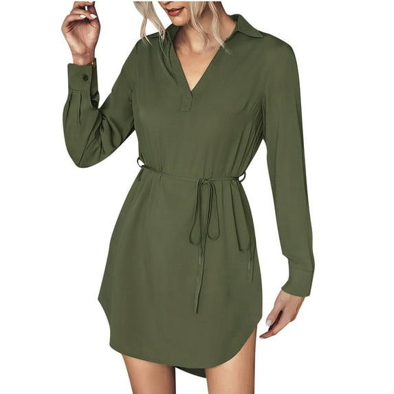 Fall Dresses for Women Long Sleeve V Neck Solid Color Short Shirts Dress Tie Waist Hi-Lo Hem Casual Work Mini Dress