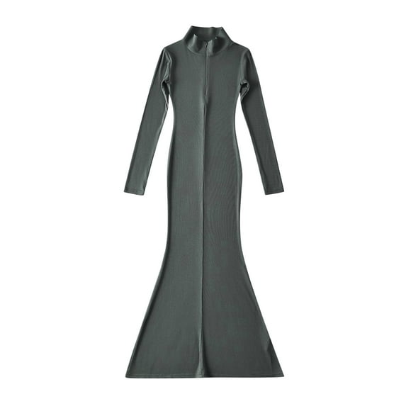 Fall Dresses for Women Long Sleeve Zip up V Neck Slim Fitted Mermaid Dresses Solid Color Long Dress