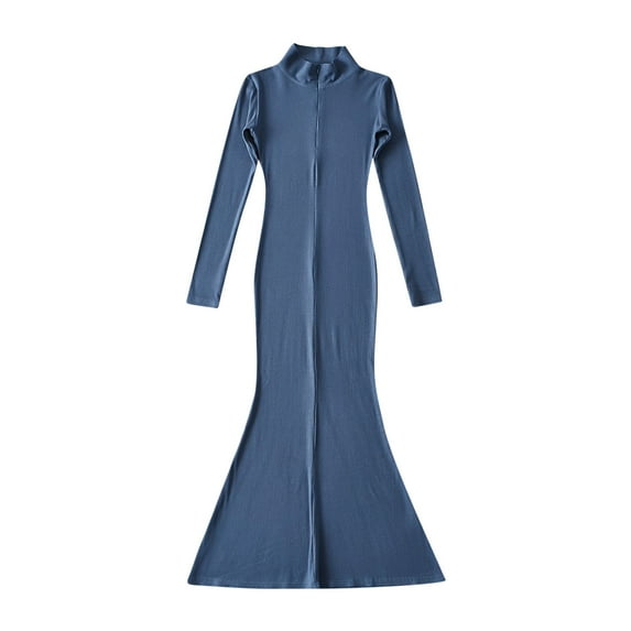 Fall Dresses for Women Long Sleeve Zip up V Neck Slim Fitted Mermaid Dresses Solid Color Long Dress