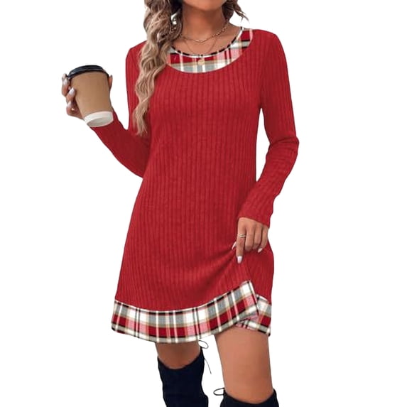Fall Dresses for Women 2026 Long Sleeve Sweater Dress Color Block,L