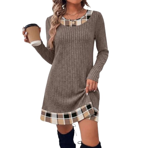 Fall Dresses for Women 2026 Long Sleeve Sweater Dress Color Block,S