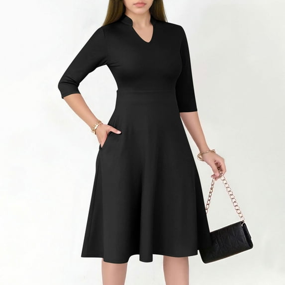 Fall Dresses for Women 3/4 Sleeve Fit & Flare Swing Dress Bodycon Flowy High Waisted Midi Church Dress