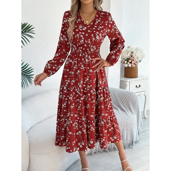 Fall Dresses for Women Boho Floral V Neck Long Sleeve Smocked Elastic Waist Casual A-Line Mini Dress Sundress