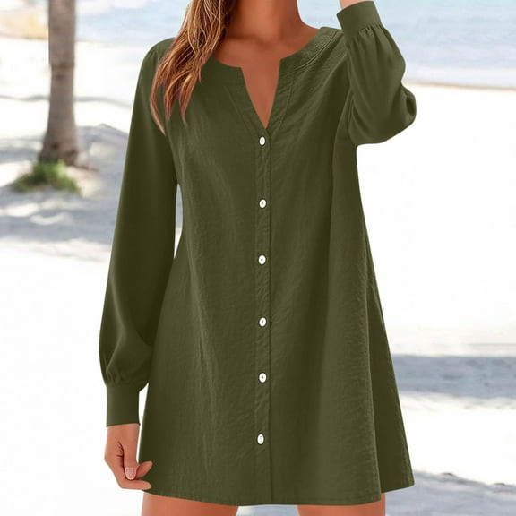 Fall Dresses for Women Button Down Long Cuffed Sleeve V-Neck Loose Fit Shirt Dress Sleepwear