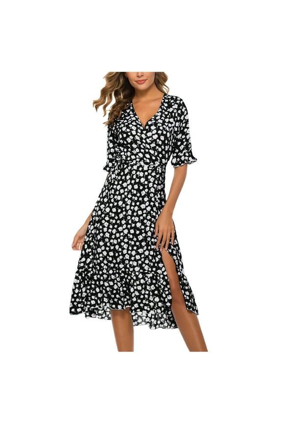 Fall Dresses for Women Casual Floral Print Casual Ruffle Slit Flower Western Midi Dresses for Women Trendy