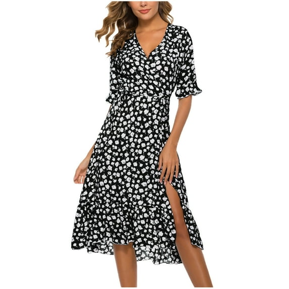Fall Dresses for Women Casual Floral Print Casual Ruffle Slit Flower Western Midi Dresses for Women Trendy