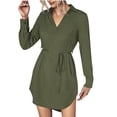 thumbnail image 1 of Fall Dresses for Women Casual V Neck Solid Color Long Sleeve Dress Loose Tie Waist Irregular Hem Swing Mini Dress, 1 of 8