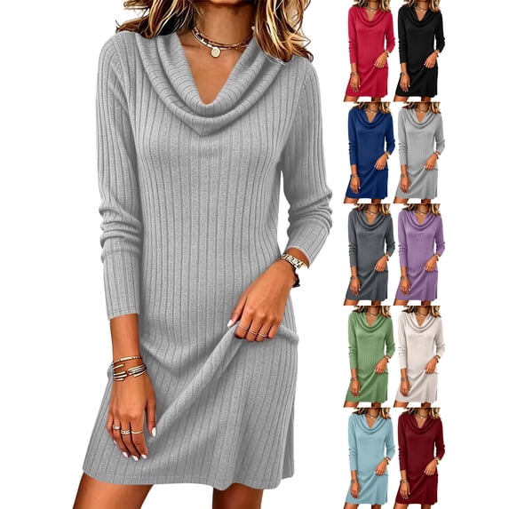 Fall Dresses for Women Elegant Cowl Neck Knit Dress - Long Sleeve Slim Fit A-Line Midi Dress for Winter, Soft Stretchy Fabric