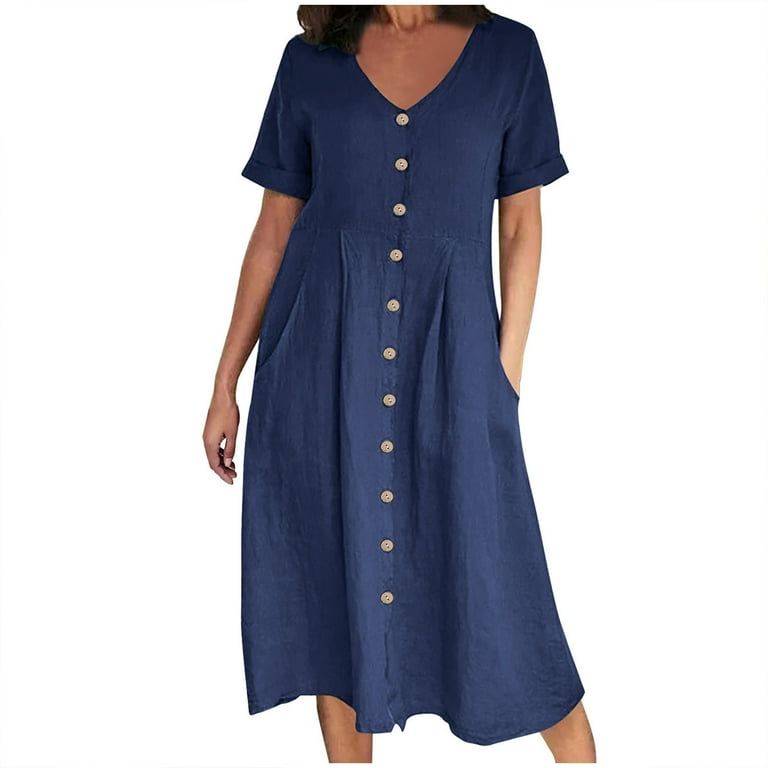 Fall Dresses for Women Fashion Cotton Linen Solid Color Button Down V Neck Short Sleeve Midi Shirt Dress with Pockets