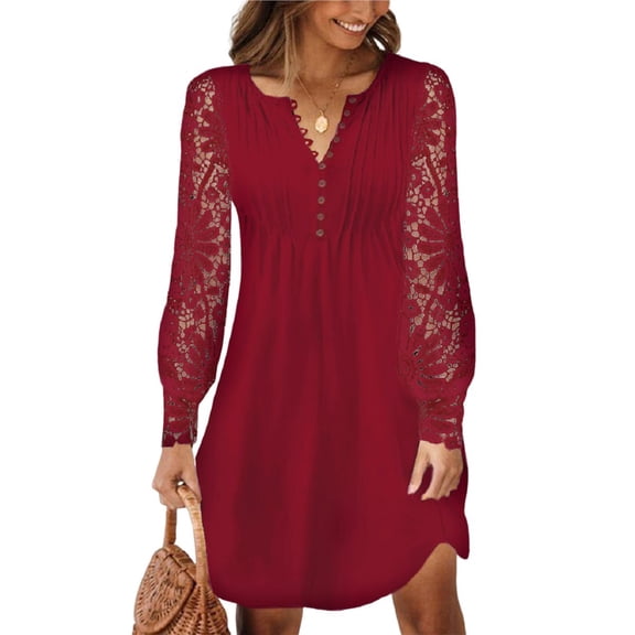 Fall Dresses for Women Lace Long Sleeve Elegant Slim Formal Party Dress Wine Red L