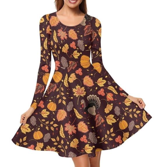 Fall Dresses for Women Pumpkin Leaf Turkey Print Long Sleeve Round Neck ...