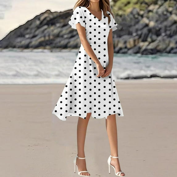Fall Dresses for Women Short Sleeve Vintage Polka Dot Boho Dress Black White Flowy Midi Dresses