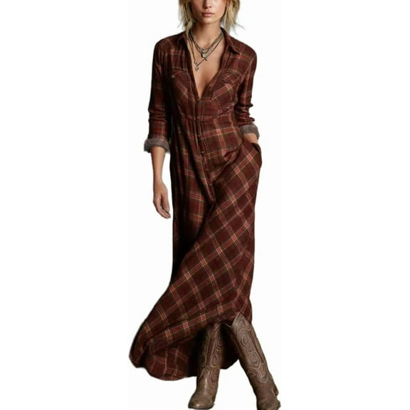 Fall Dresses for Women V Neck Casual Long Sleeve Button Down Shirt Plaid Shirt Wide Maxi Dress