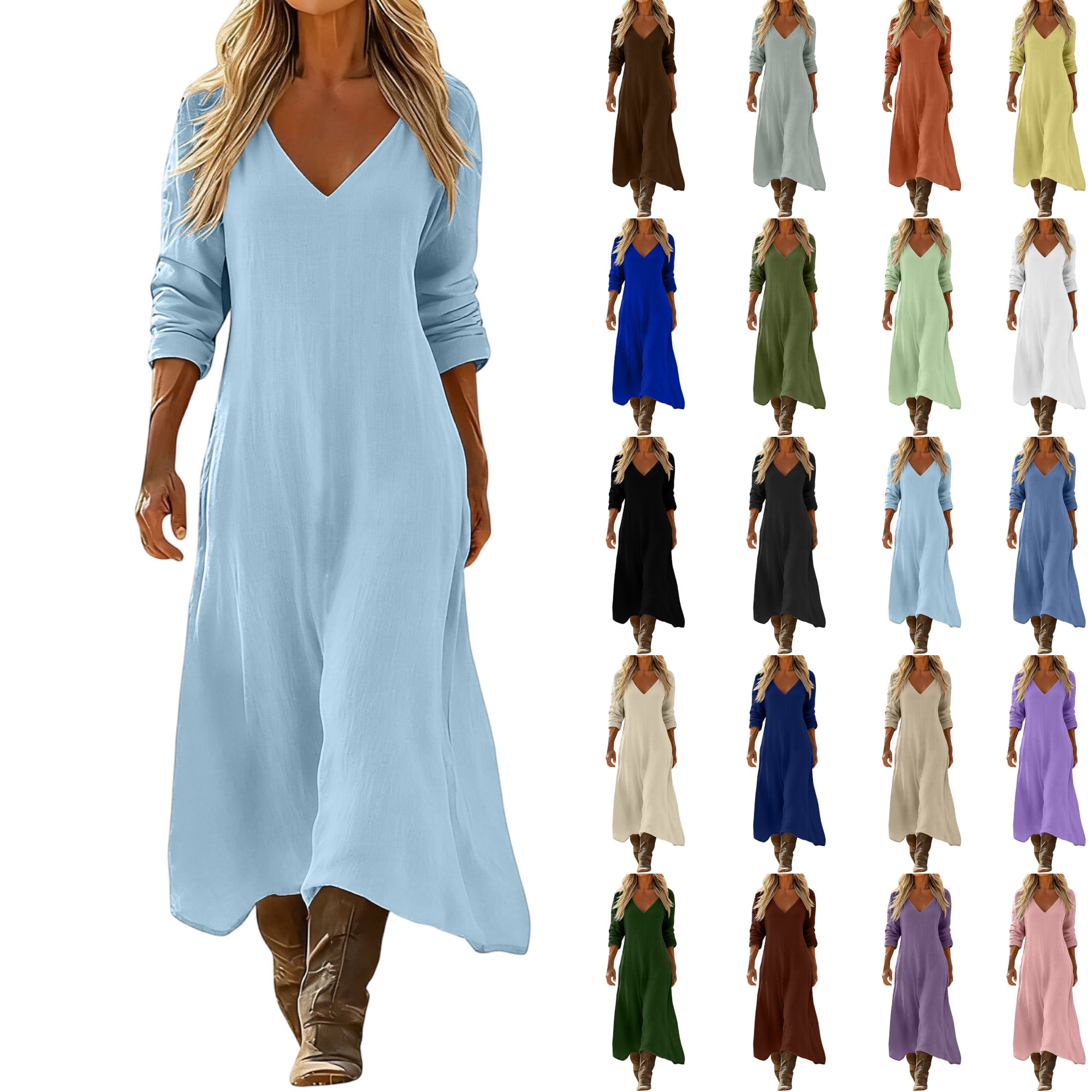 Fall Dresses for Women V-Neck Solid-Color Casual Dress Casual Daily ...