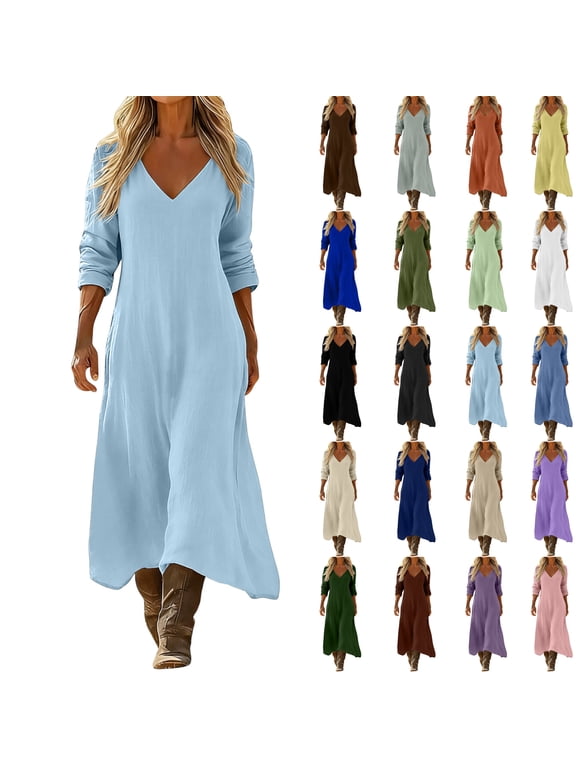 Fall Dresses for Women V-Neck Solid-Color Casual Dress Casual Daily Wear