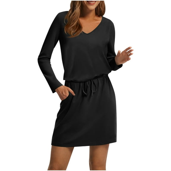 Fall Dresses for Women Winter Long Sleeve Plus Size Casual Solid Color Pocket Elastic Lace Up Dress(Black 2XL)