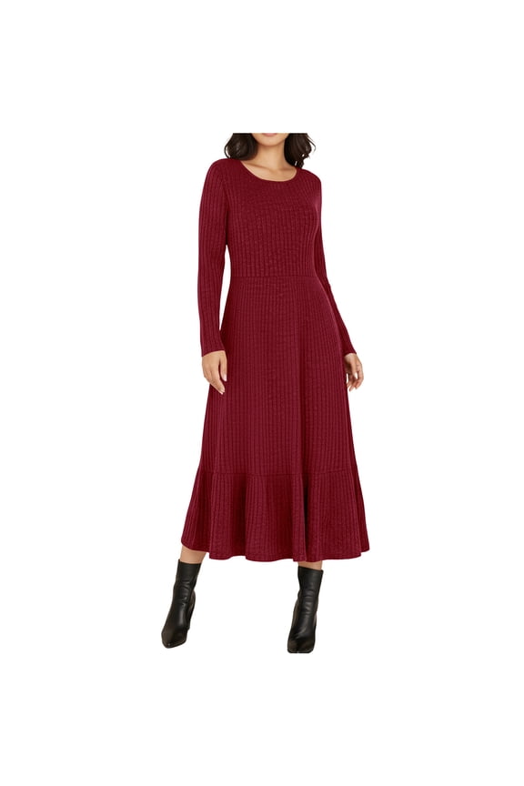 Fall Dresses for Women Winter Long Sleeve Plus Size Ribbed Knitted Round Neck A-Line Soft and Swinging Dress with Pocket Casual (Wine S)