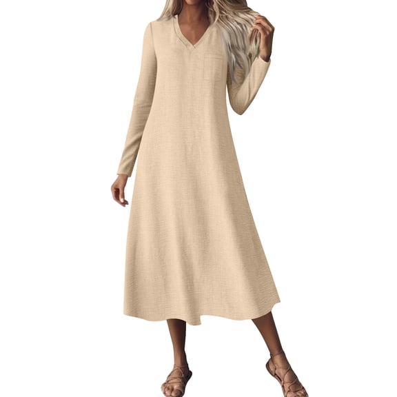 Fall Dresses for Women Winter Long Sleeve Plus Size V-Neck Solid Color Casual Pocket Long Dress(Beige 2XL)
