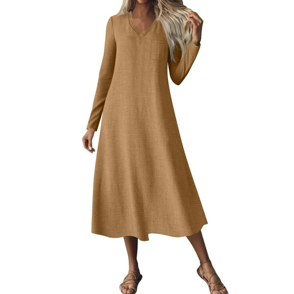 Fall Dresses for Women Winter Long Sleeve Plus Size V-Neck Solid Color Casual Pocket Long Dress(Brown XL)