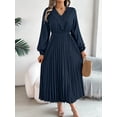 thumbnail image 1 of Womens Flowy Long Sleeve Dress Elegant Plain Color Stand Collar Belted Pleated Dress With Hem, 1 of 5