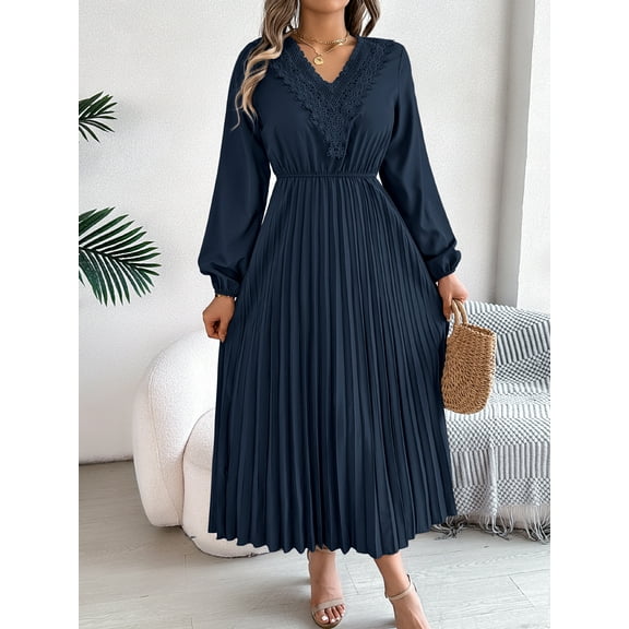 Fall Dresses for Women Women's Elegant Wrap V Neck Lantern Sleeve Empire Waist Pleated Flowy Maxi Long Dress