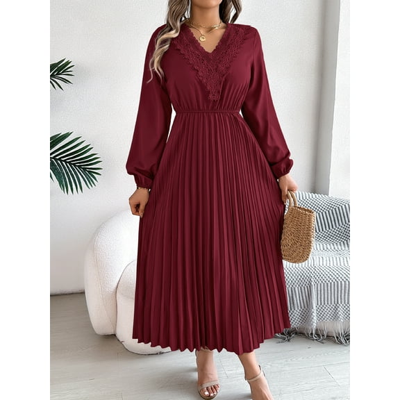 Womens Flowy Long Sleeve Dress Elegant Plain Color Stand Collar Belted Pleated Dress With Hem