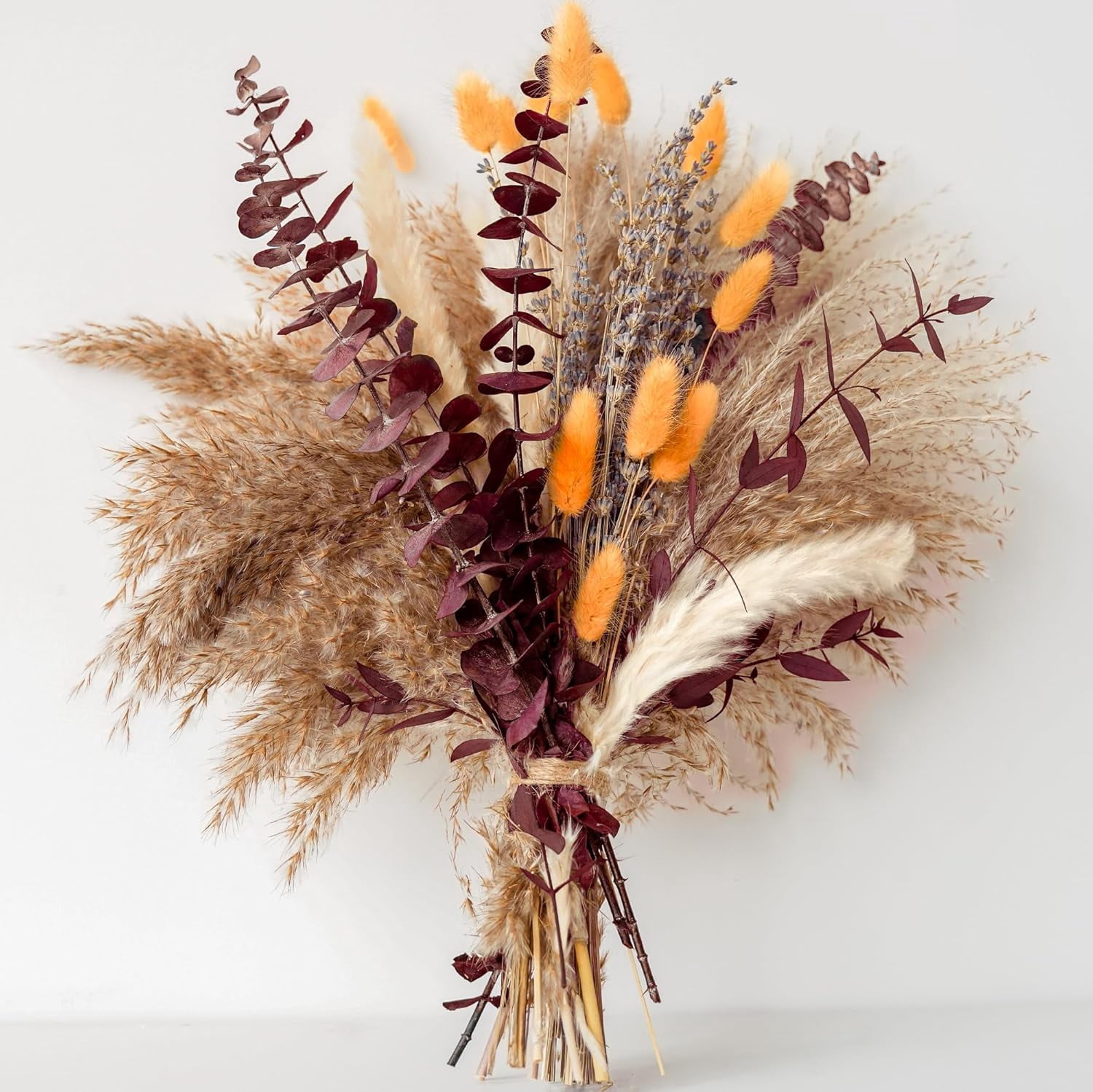 Fall Dried Flower Bouquet with Pampas Grass, Orange Bunny Tails, Lavender & Red Eucalyptus –Boho Fall Decor for Home, Vase, Porch & thanksgiving –Autumn Floral Arrangements