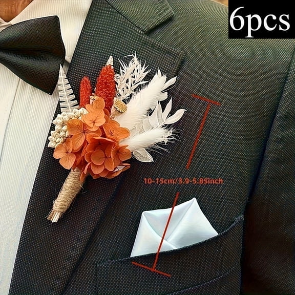 Fall Dried Flower Boutonniere 6-Piece Set for Men's Boho Wedding Boutonniere, Rustic Groom Best Man Anniversary Decoration
