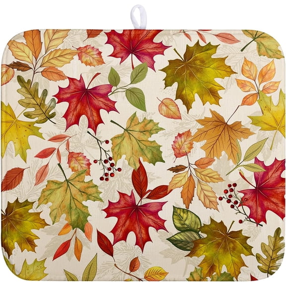 Fall Drying Mat for Kitchen Counter 16 x 18 Inch Maple Leaves Autumn Thanksgiving Harvest Dish Drying Mats Absorbent Microfiber Dish Draining Washable Reversible Dishes Pad