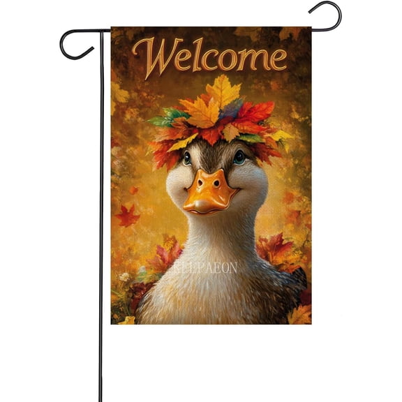 Fall Duck Garden Flag, Welcome Fall Maple Leaves Garden Flags 12x18 Inch Double Sided, Autumn Yard Flag Burlap Fall Thanksgiving Decorations (14586)