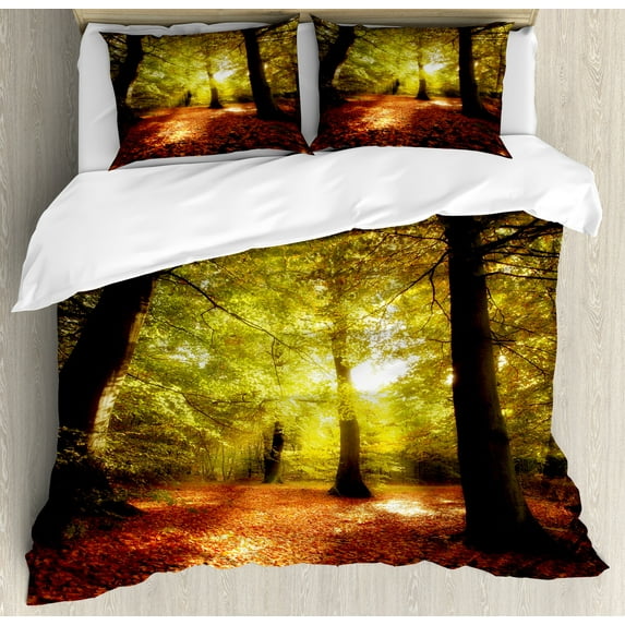Fall Duvet Cover Set, Blurry View of Forest Defoliation Mysterious Dramatic Dreamlike View, Decorative 3 Piece Bedding Set with 2 Pillow Shams, King Size, Pale Green Red Brown, by Ambesonne