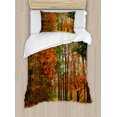 thumbnail image 1 of Fall Duvet Cover Set, Cloudy Overcast Day in September Shrubs Pines Sidewalk in the Park Forest, Decorative 2 Piece Bedding Set with 1 Pillow Shams, Twin Size, Orange Green Brown, by Ambesonne, 1 of 3
