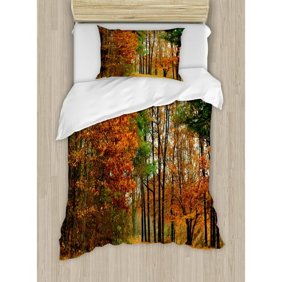 Fall Duvet Cover Set, Cloudy Overcast Day in September Shrubs Pines Sidewalk in the Park Forest, Decorative 2 Piece Bedding Set with 1 Pillow Shams, Twin Size, Orange Green Brown, by Ambesonne
