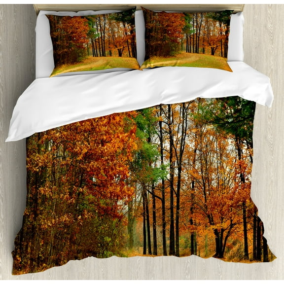 Fall Duvet Cover Set, Cloudy Overcast Day in September Shrubs Pines Sidewalk in the Park Forest, Decorative 3 Piece Bedding Set with 2 Pillow Shams, Calking Size, Orange Green Brown, by Ambesonne
