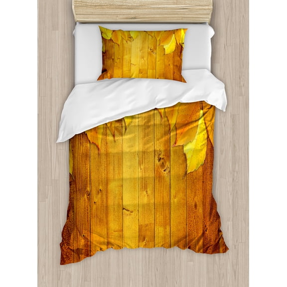 Fall Duvet Cover Set, Colorful Vivid Seasonal Leaves on the Wooden Planks Natural Design Rustic, Decorative 2 Piece Bedding Set with 1 Pillow Shams, Twin Size, Yellow Orange Green, by Ambesonne
