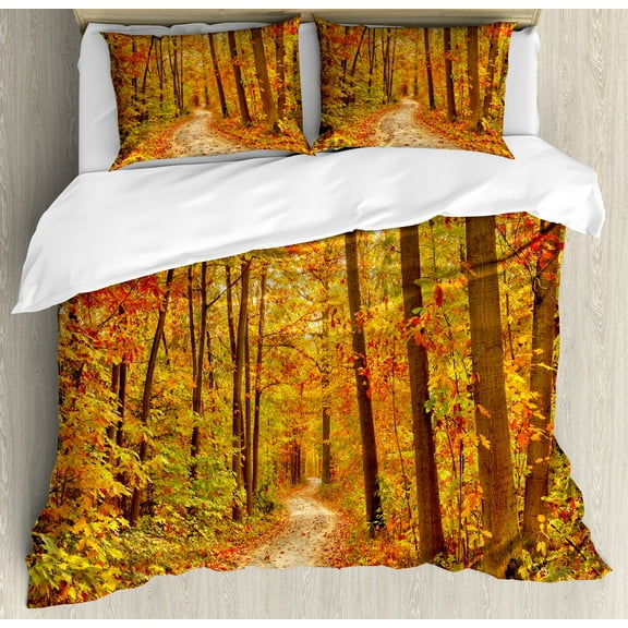 Fall Duvet Cover Set, Deciduous Trees Seasonal Leaves Pathway Wilderness Woodland Image, Decorative 3 Piece Bedding Set with 2 Pillow Shams, Calking Size, Orange Pale Green Brown, by Ambesonne