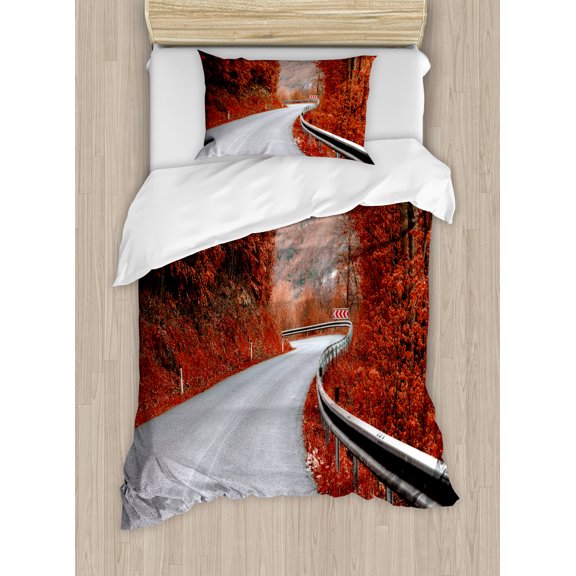 Fall Duvet Cover Set, Dreamy Asphalt Road with Mid Autumn Colors Nobody Surreal Highway Travel, Decorative 2 Piece Bedding Set with 1 Pillow Shams, Twin Size, Orange Pale Grey, by Ambesonne