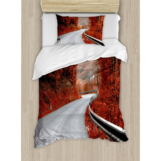 Fall Duvet Cover Set, Dreamy Asphalt Road with Mid Autumn Colors Nobody Surreal Highway Travel, Decorative 2 Piece Bedding Set with 1 Pillow Shams, Twin Size, Orange Pale Grey, by Ambesonne