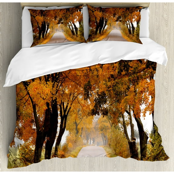 Fall Duvet Cover Set, Fall Season in Poland Road with Colorful Vibrant Maple Trees Serenity Theme, Decorative 3 Piece Bedding Set with 2 Pillow Shams, King Size, Orange Brown Green, by Ambesonne