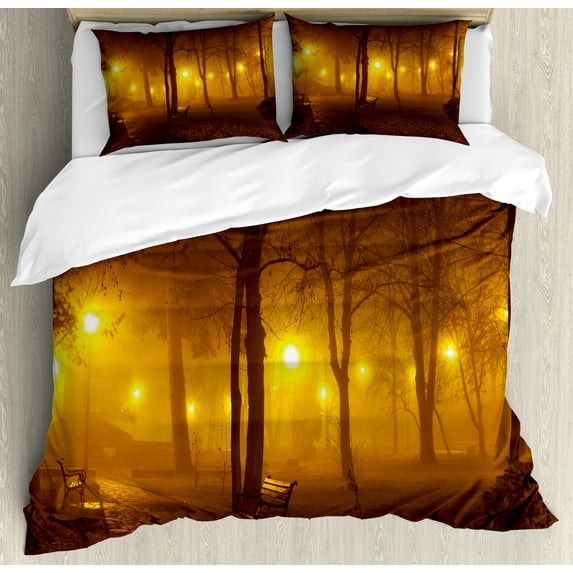 Fall Duvet Cover Set, Foggy Evening in the Park Autumn Season Nature Outdoors Misty Peaceful View, Decorative 3 Piece Bedding Set with 2 Pillow Shams, King Size, Marigold Caramel, by Ambesonne